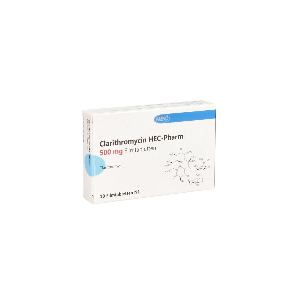 Das Produktfoto zeigt Clarithromycin Hec-Pharm 500 Mg Filmtabletten (10 stk) PZN 12872768