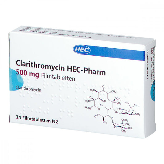 Das Produktfoto zeigt Clarithromycin Hec-Pharm 500 Mg Filmtabletten (14 stk) PZN 12872774