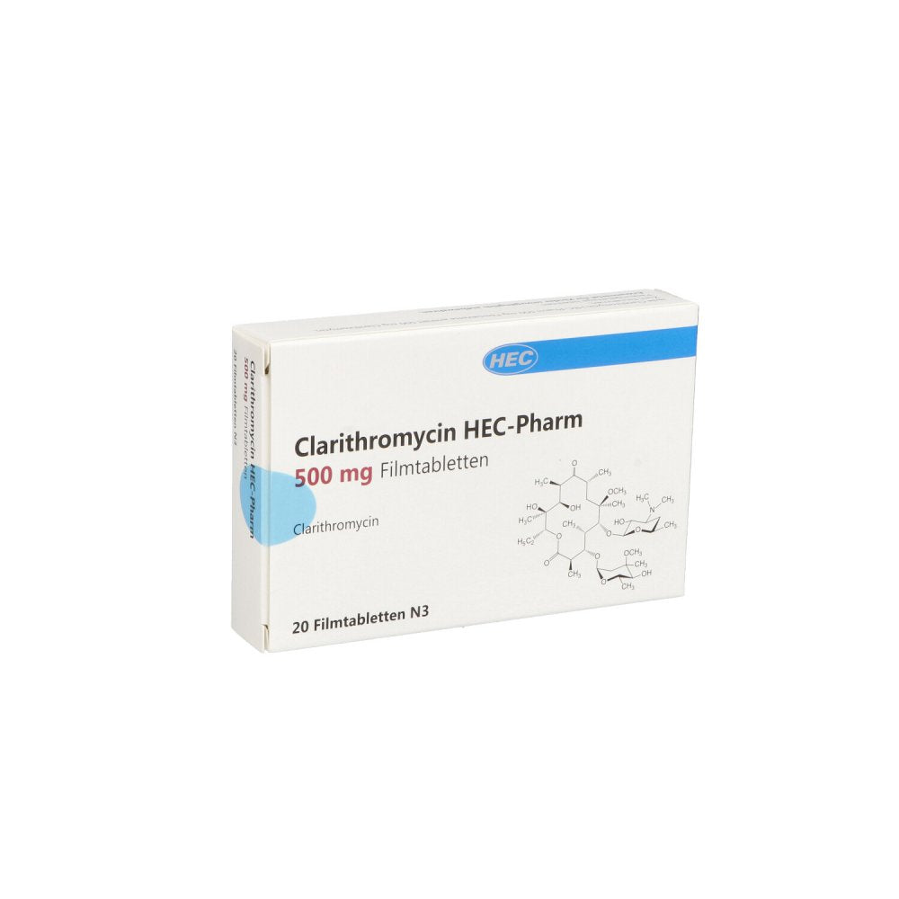 Das Produktfoto zeigt Clarithromycin Hec-Pharm 500 Mg Filmtabletten (20 stk) PZN 12872780