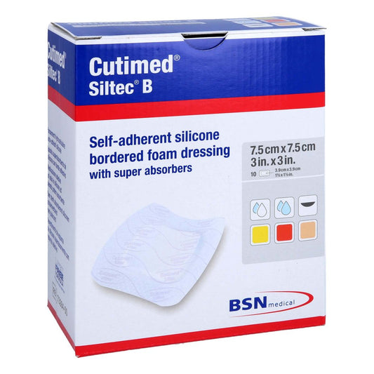 Das Produktfoto zeigt Cutimed Siltec B Schaumverb.7,5x7,5 Cm M.Haftr. (10 stk) PZN 12892481