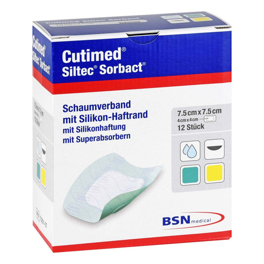 Das Produktfoto zeigt Cutimed Siltec Sorbact B Pu-Verb.7,5x7,5 Cm (12 stk) PZN 12892506