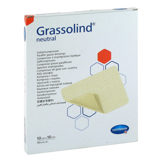 Das Produktfoto zeigt Grassolind Salbenkompressen 10x10 Cm Steril (10 stk) PZN 12892541