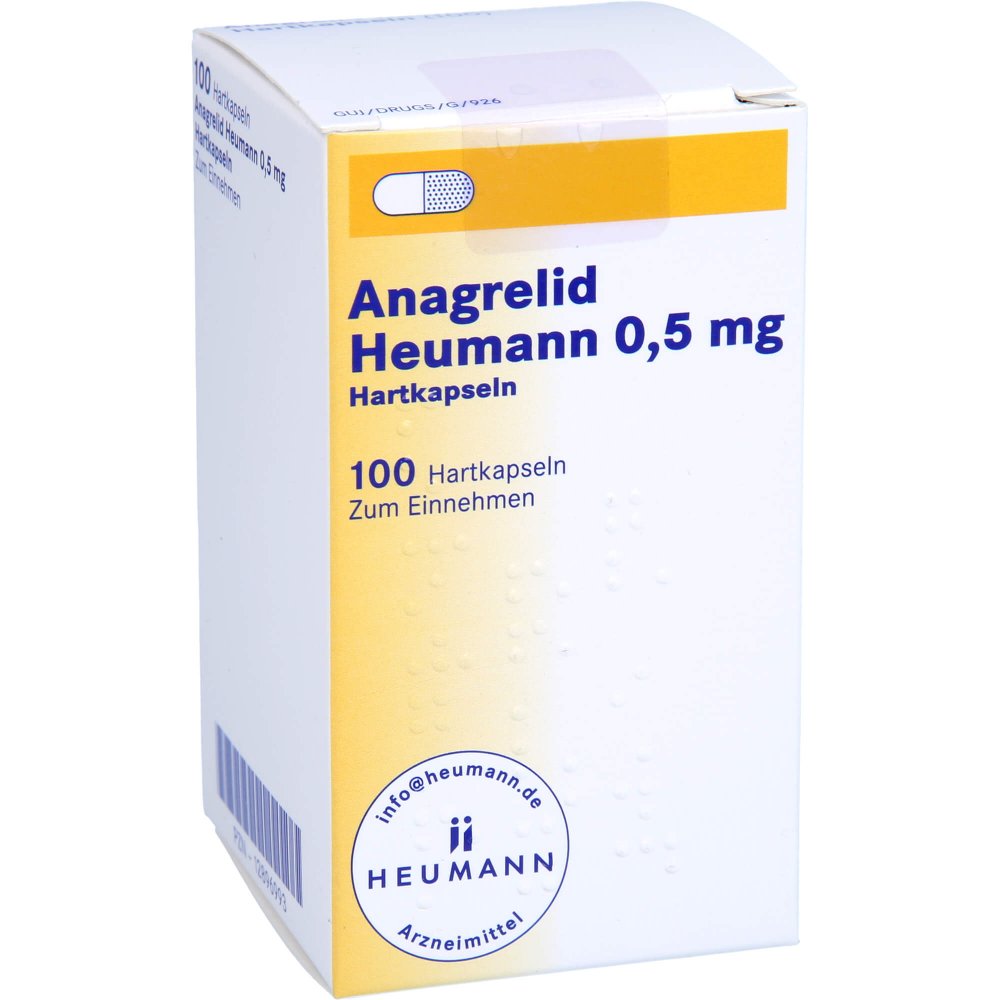 Das Produktfoto zeigt Anagrelid Heumann 0,5 Mg Hartkapseln (100 stk) PZN 12896993
