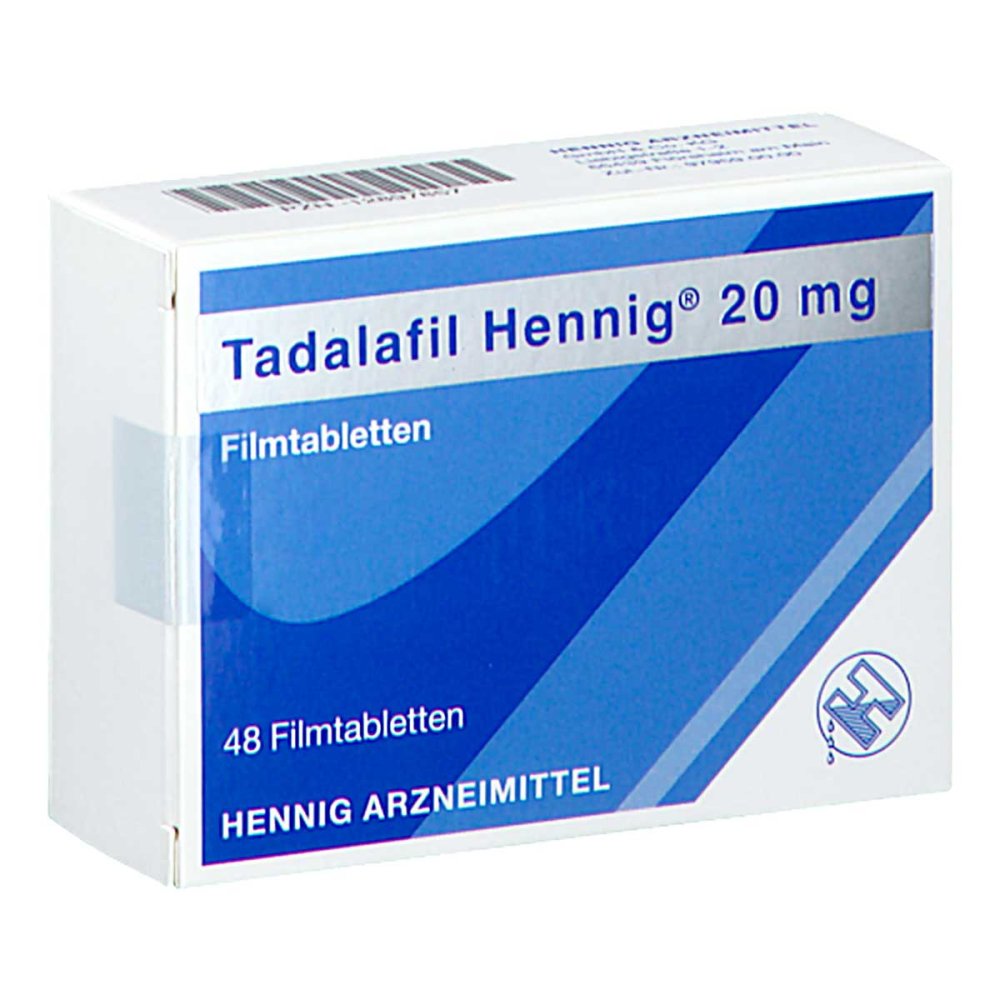 Das Produktfoto zeigt Tadalafil Hennig 20 Mg Filmtabletten (48 stk) PZN 12897857