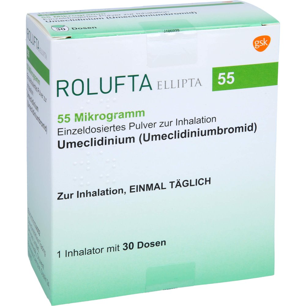 Das Produktfoto zeigt Rolufta Ellipta 55 Μg Einzeldos.Plv.Z.Inhal.30 Ed (1 stk) PZN 12900364