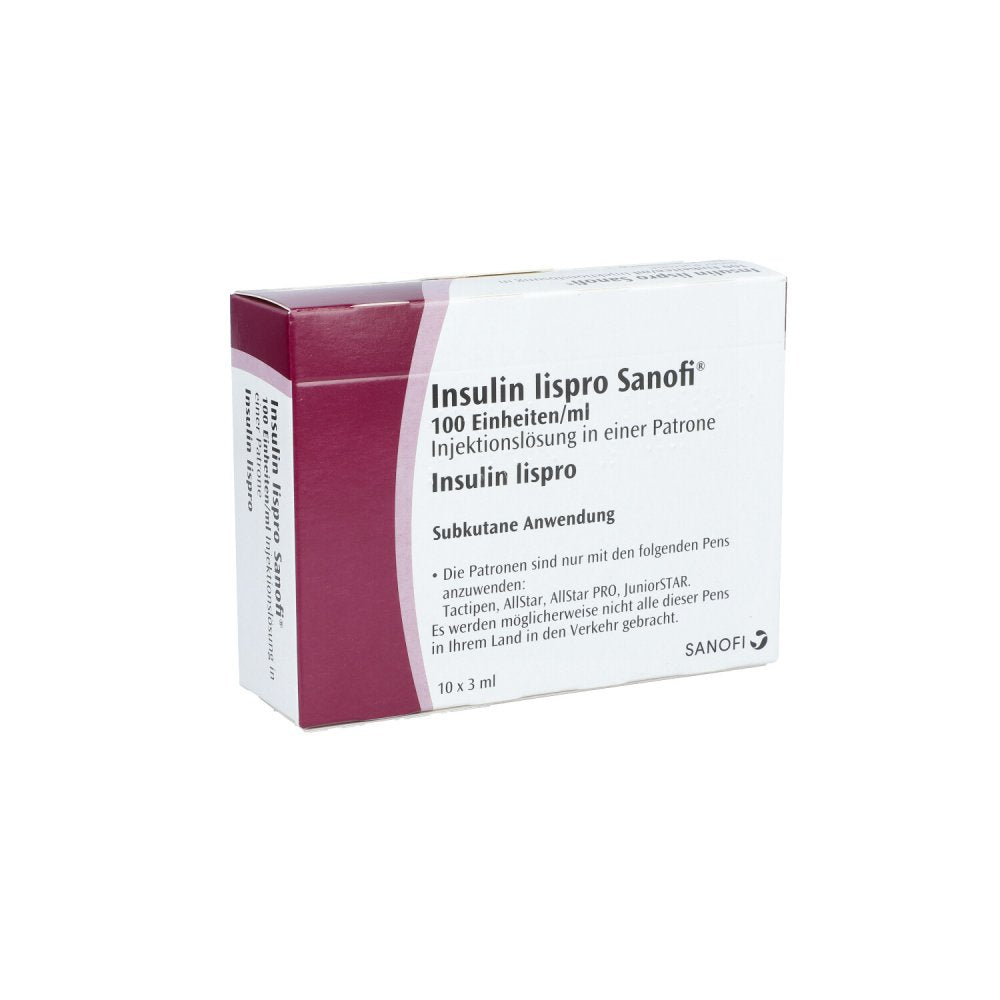 Das Produktfoto zeigt Insulin Lispro Sanofi 100 E/Ml Inj.-Lsg.Patrone (10X3 ml) PZN 12910612