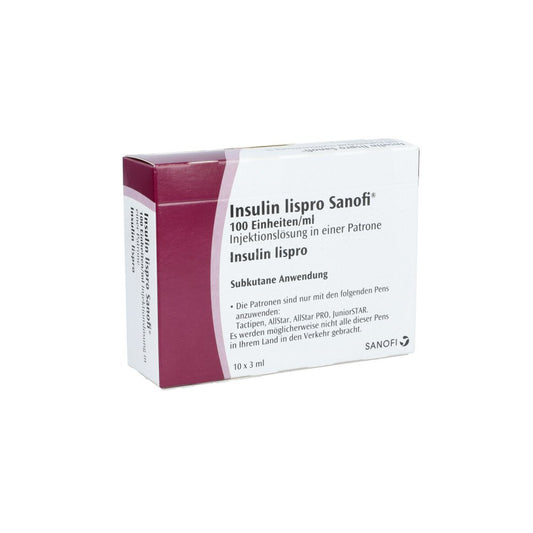 Das Produktfoto zeigt Insulin Lispro Sanofi 100 E/Ml Inj.-Lsg.Patrone (10X3 ml) PZN 12910612