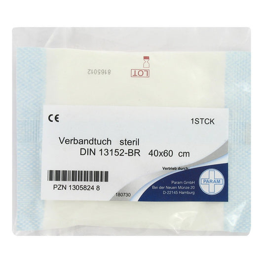 Das Produktfoto zeigt Verbandtuch 40x60 Cm Steril Din 13152-Br Verbandk. (1 stk) PZN 13058248