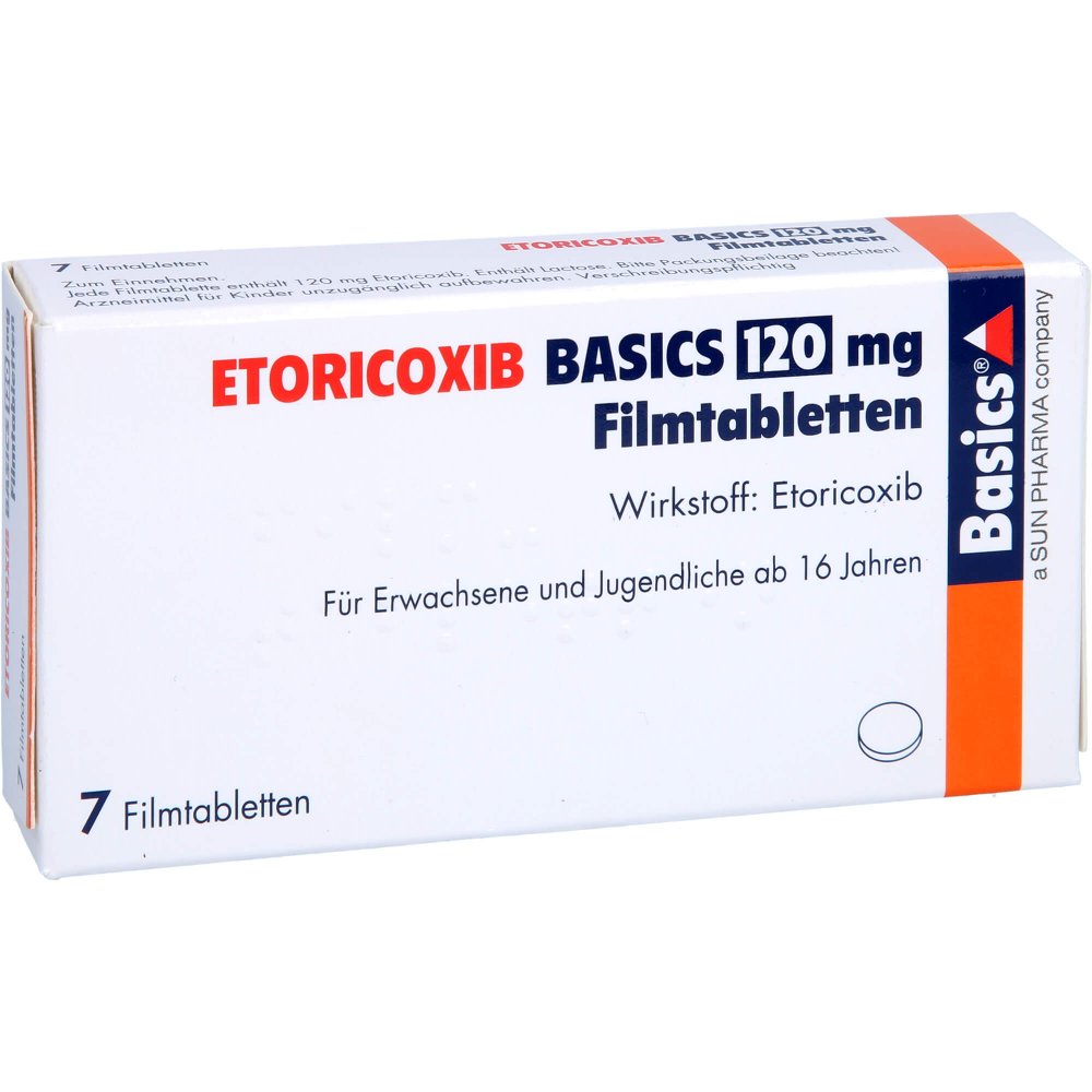 Das Produktfoto zeigt Etoricoxib Basics 120 Mg Filmtabletten (7 stk) PZN 13153159