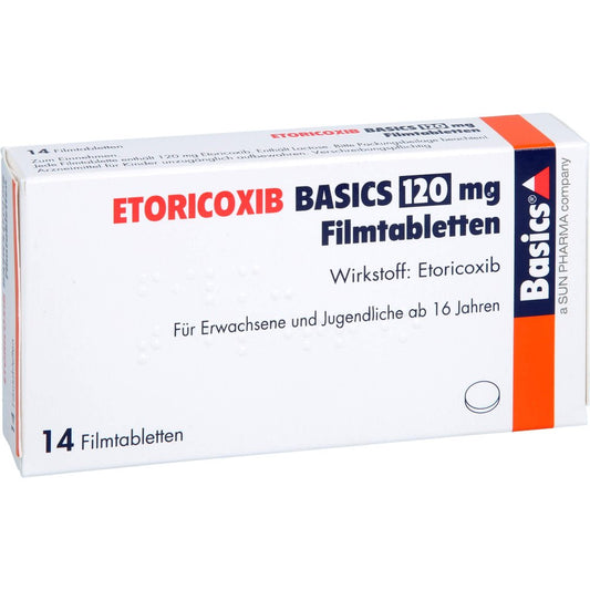Das Produktfoto zeigt Etoricoxib Basics 120 Mg Filmtabletten (14 stk) PZN 13153165