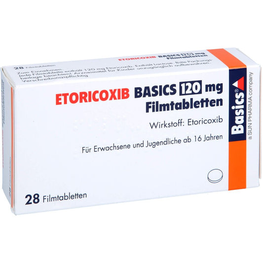 Das Produktfoto zeigt Etoricoxib Basics 120 Mg Filmtabletten (28 stk) PZN 13153188