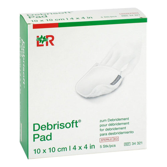 Das Produktfoto zeigt Debrisoft Pad 10x10 Cm Steril (5 stk) PZN 13155158