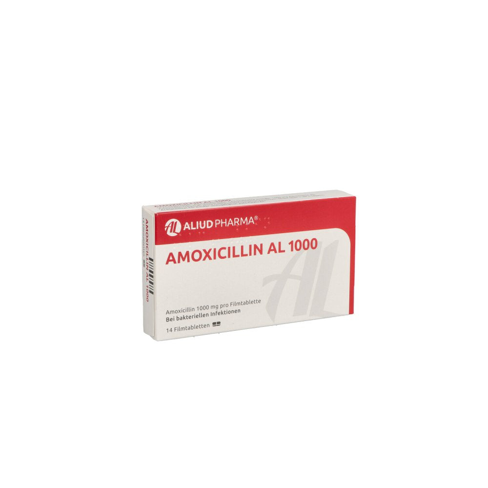 Das Produktfoto zeigt Amoxicillin Al 1000 Filmtabletten (14 stk) PZN 13156382