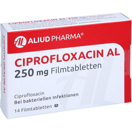 Das Produktfoto zeigt Ciprofloxacin Al 250 Mg Filmtabletten (14 stk) PZN 13156465