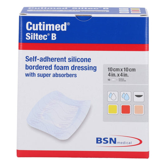 Das Produktfoto zeigt Cutimed Siltec B Schaumverb.10x10 Cm M.Haftr. (10 stk) PZN 13156620