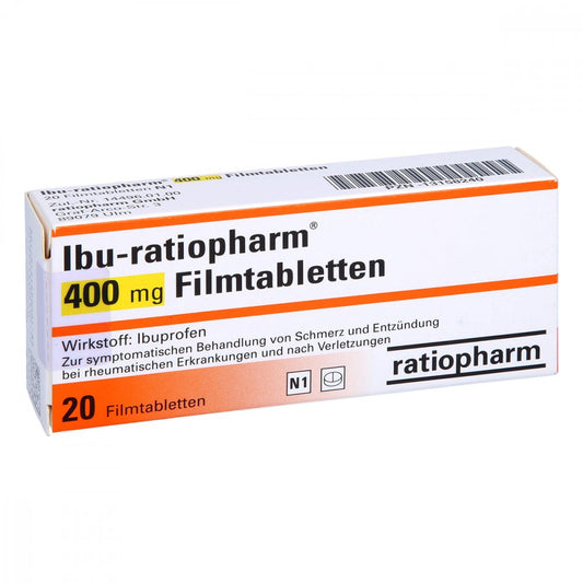 Das Produktfoto zeigt Ibu-Ratiopharm 400 Mg Filmtabletten (20 stk) PZN 13158240