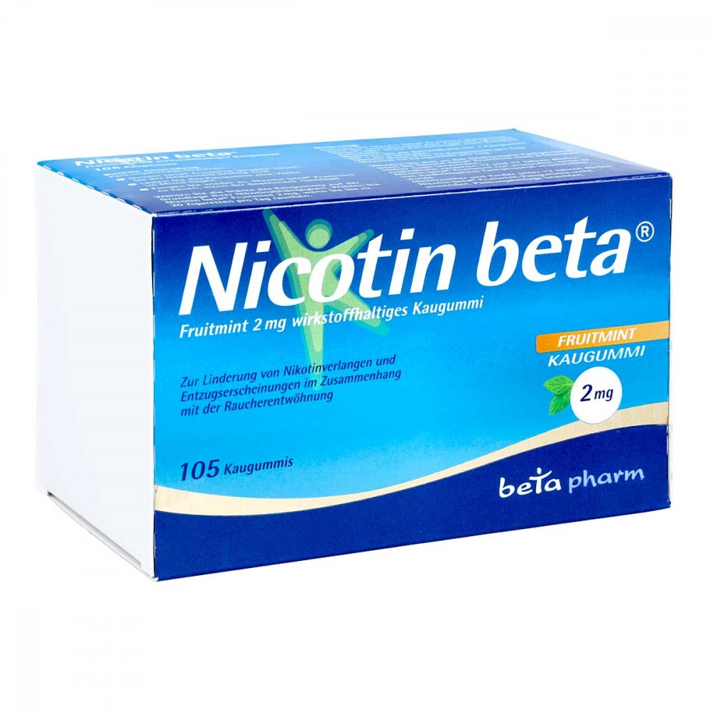 Das Produktfoto zeigt Nicotin Beta Fruitmint 2 Mg Wirkstoffhalt.Kaugummi (105 stk) PZN 13162543