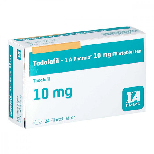 Das Produktfoto zeigt Tadalafil-1a Pharma 10 Mg Filmtabletten (24 stk) PZN 13167859