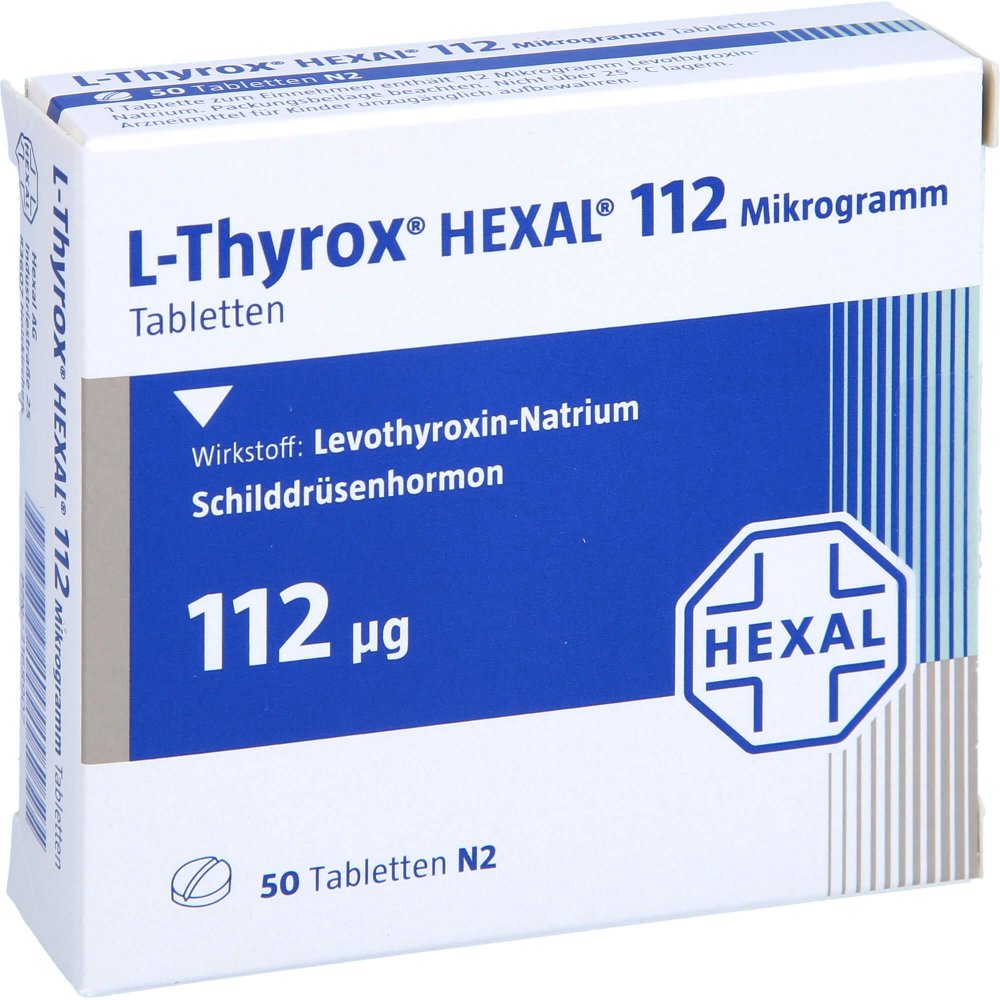 Das Produktfoto zeigt L-Thyrox Hexal 112 Mikrogramm Tabletten (50 stk) PZN 13168907