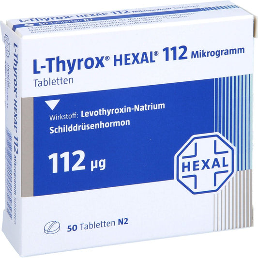 Das Produktfoto zeigt L-Thyrox Hexal 112 Mikrogramm Tabletten (50 stk) PZN 13168907