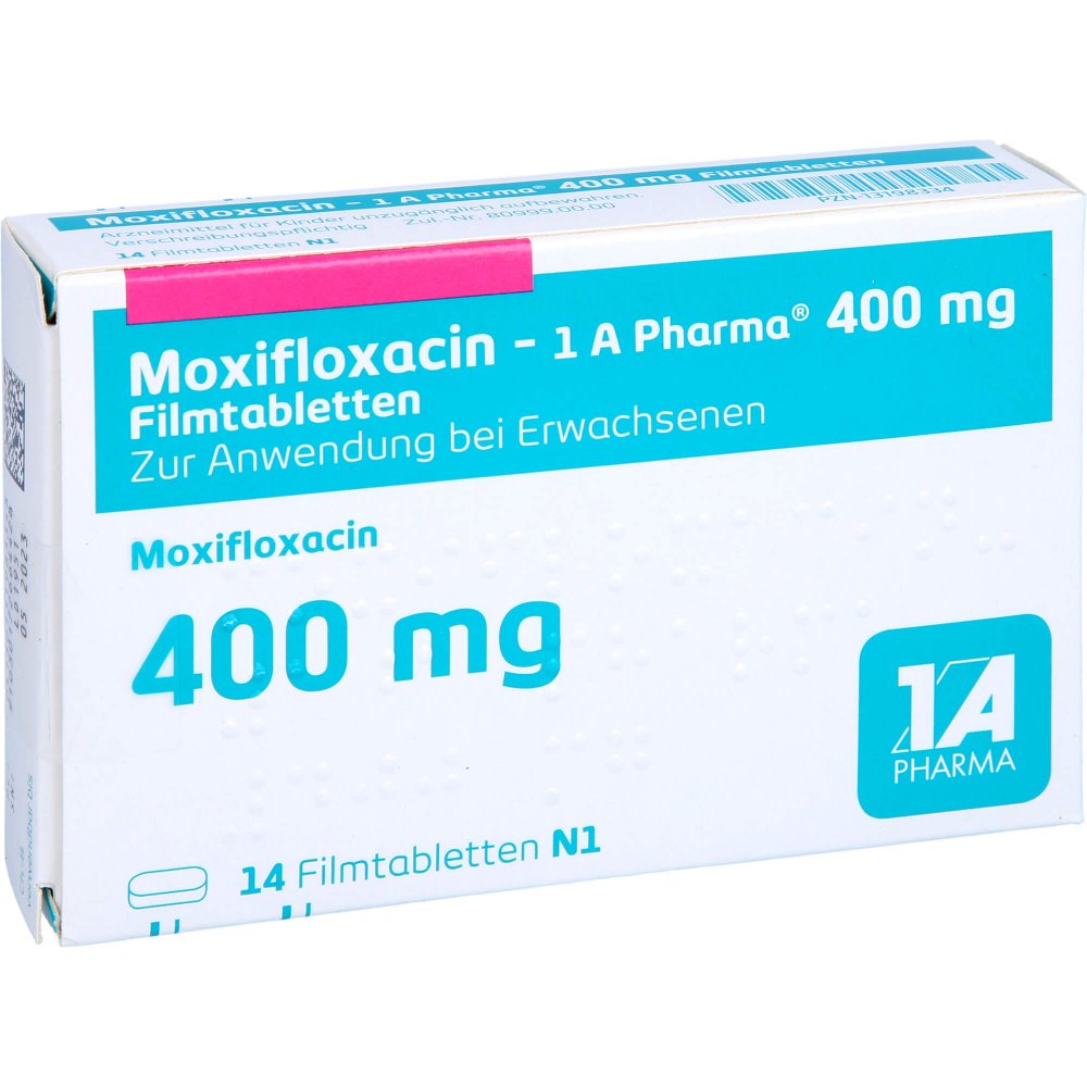 Das Produktfoto zeigt Moxifloxacin-1a Pharma 400 Mg Filmtabletten (14 stk) PZN 13198334