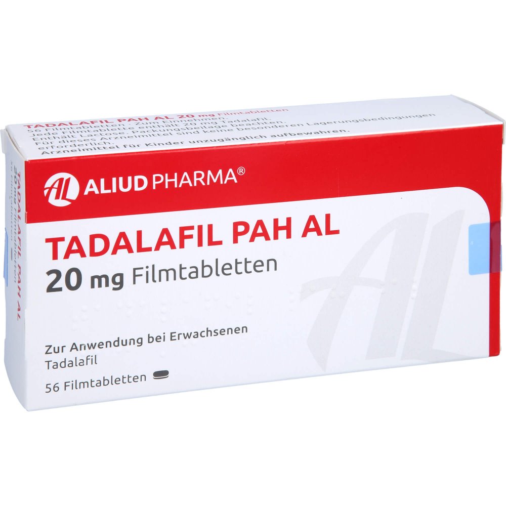 Das Produktfoto zeigt Tadalafil Pah Al 20 Mg Filmtabletten (56 stk) PZN 13231988
