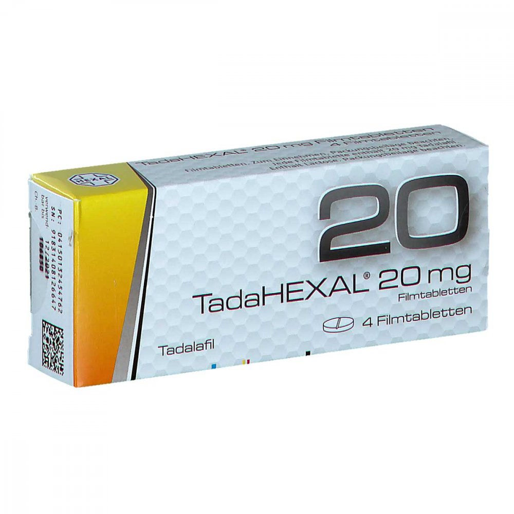 Das Produktfoto zeigt Tadahexal 20 Mg Filmtabletten (4 stk) PZN 13245476