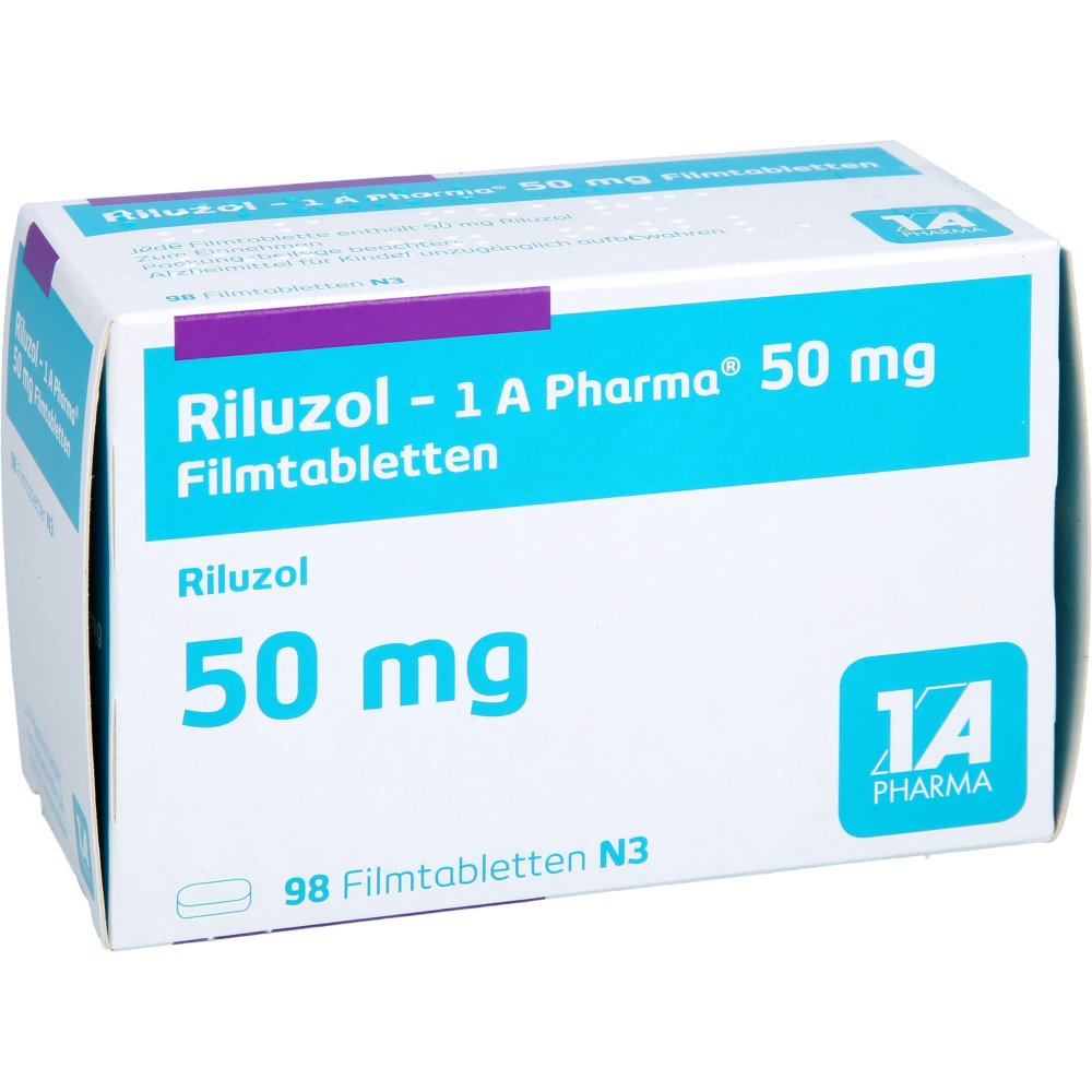 Das Produktfoto zeigt Riluzol-1a Pharma 50 Mg Filmtabletten (98 stk) PZN 13346579