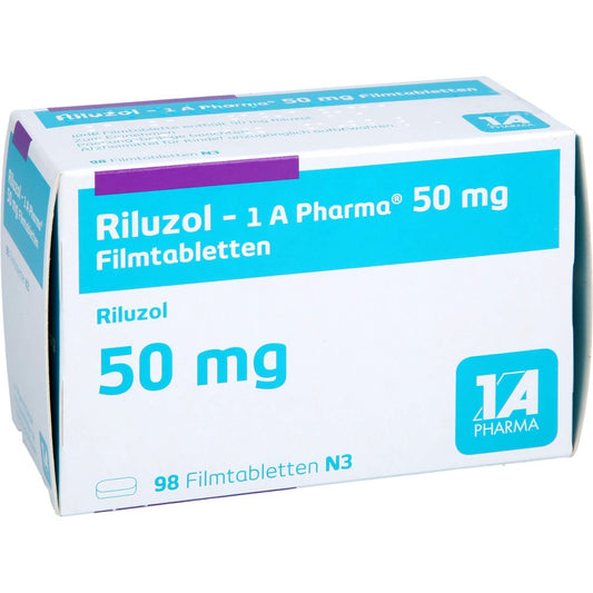 Das Produktfoto zeigt Riluzol-1a Pharma 50 Mg Filmtabletten (98 stk) PZN 13346579