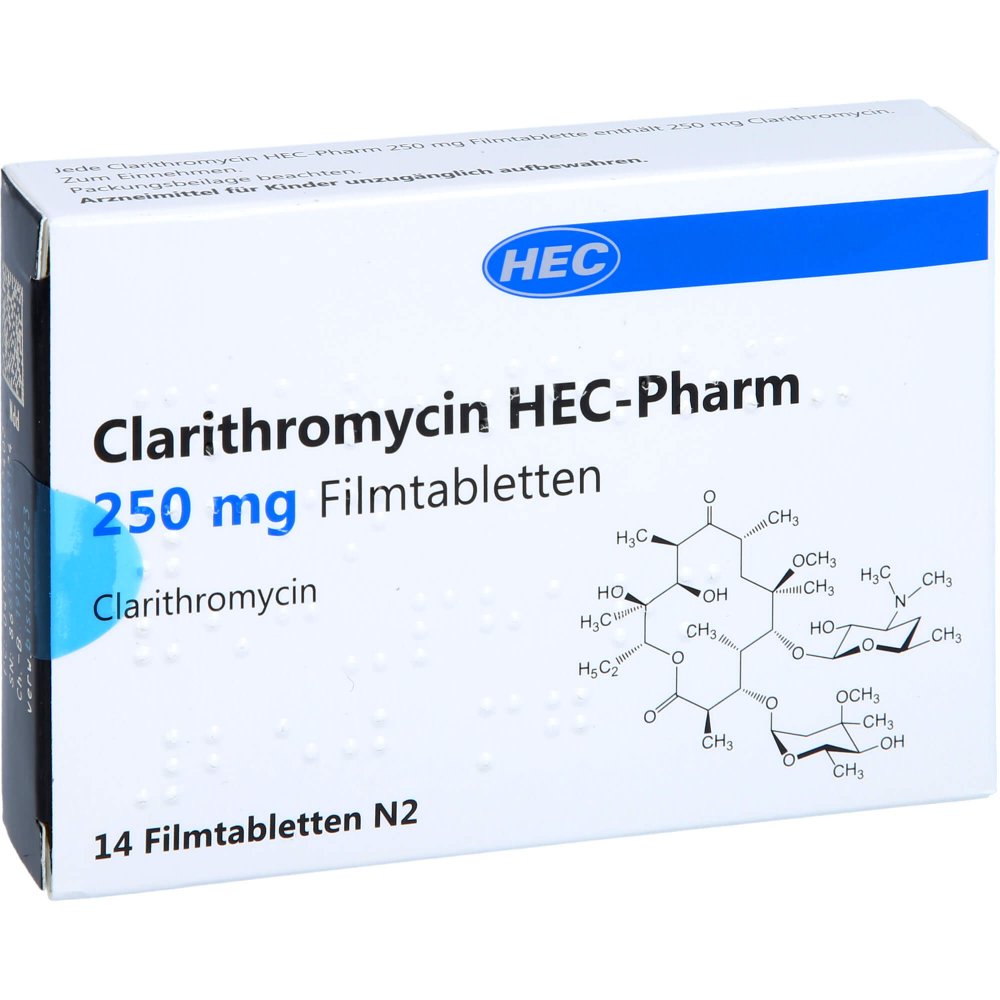 Das Produktfoto zeigt Clarithromycin Hec-Pharm 250 Mg Filmtabletten (14 stk) PZN 13346740