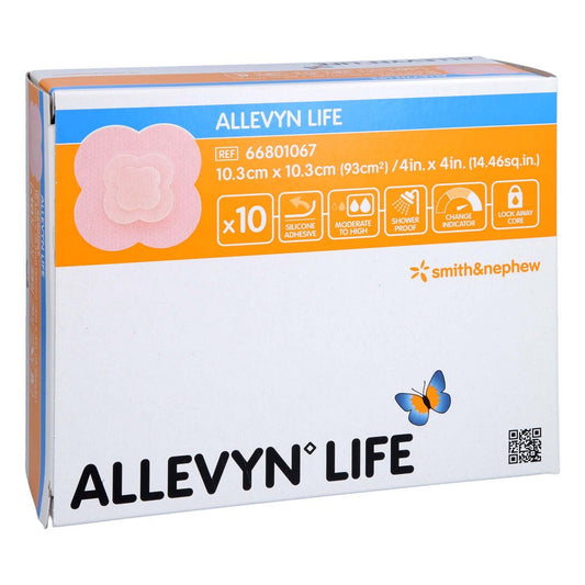 Das Produktfoto zeigt Allevyn Life 10,3x10,3 Cm Silikonschaumverband (10 stk) PZN 13347596