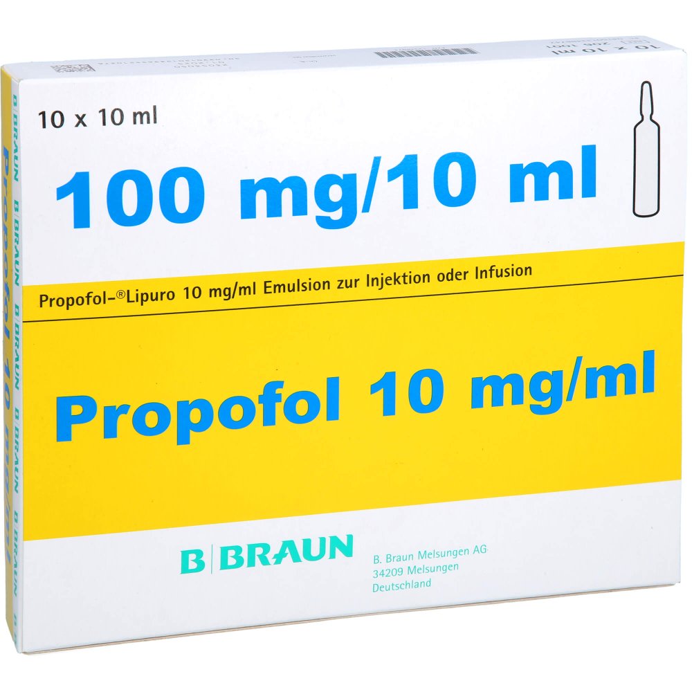 Das Produktfoto zeigt Propofol Lipuro 1% 10mg/Ml Emu.Z.Inj.O.Inf.Gl.Amp. (10X10 ml) PZN 13348874