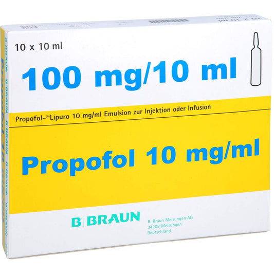 Das Produktfoto zeigt Propofol Lipuro 1% 10mg/Ml Emu.Z.Inj.O.Inf.Gl.Amp. (10X10 ml) PZN 13348874