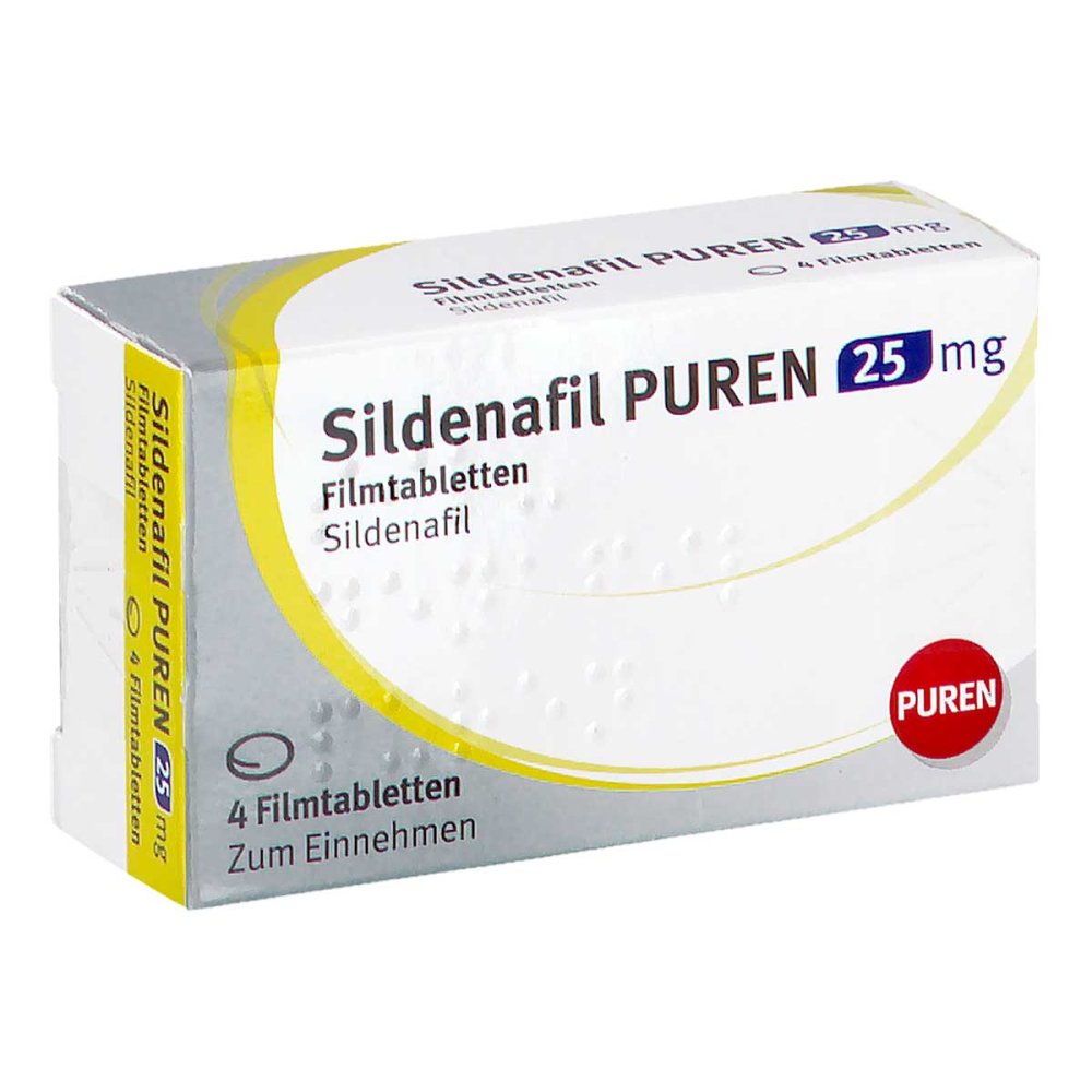 Das Produktfoto zeigt Sildenafil Puren 25 Mg Filmtabletten (4 stk) PZN 13353220