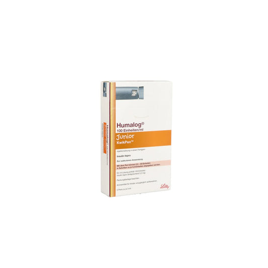 Das Produktfoto zeigt Humalog 100 E/Ml Junior Kwikpen Injektionslsg. (5X3 ml) PZN 13360355