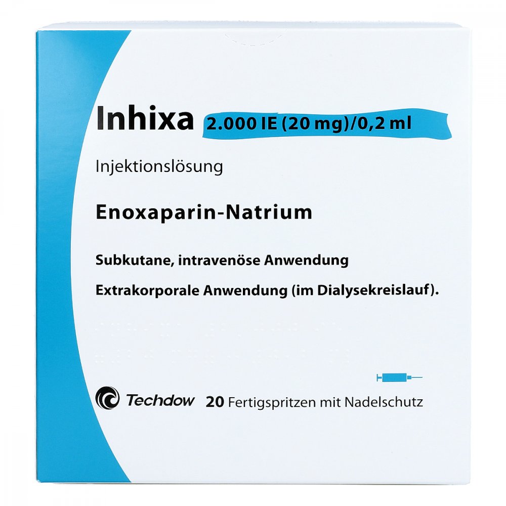Das Produktfoto zeigt Inhixa 2.000 I.E. 20 Mg/0,2 Ml Ilo F.Sp.+Sich-Sys. (20 stk) PZN 13415375