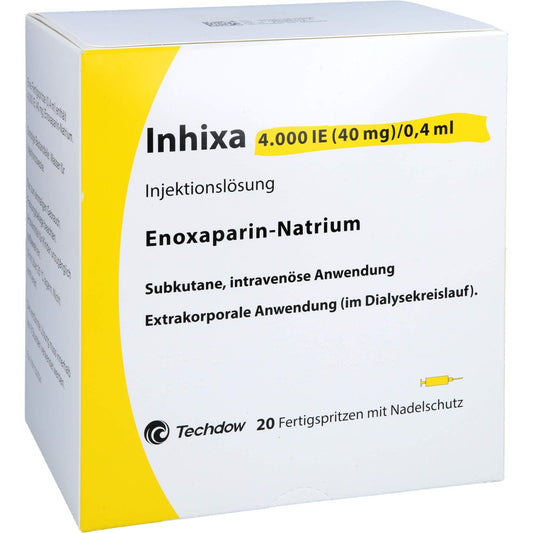 Das Produktfoto zeigt Inhixa 4.000 I.E. 40 Mg/0,4 Ml Ilo F.Sp.+Sich-Sys. (20 stk) PZN 13415429