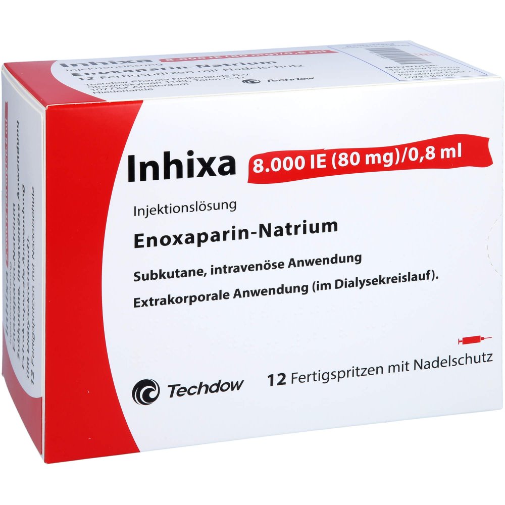 Das Produktfoto zeigt Inhixa 8.000 I.E. 80 Mg/0,8 Ml Ilo F.Sp.+Sich-Sys. (12 stk) PZN 13415493