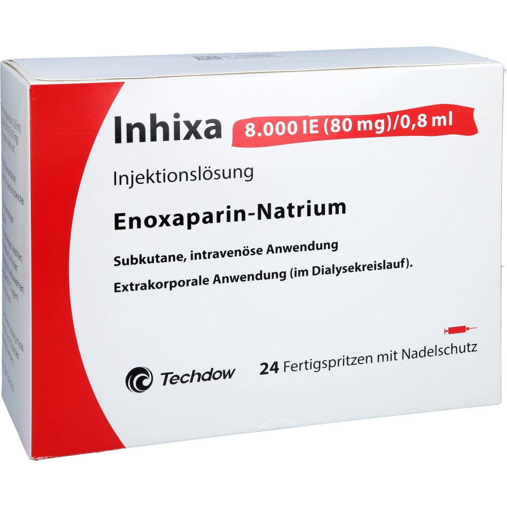 Das Produktfoto zeigt Inhixa 8.000 I.E. 80 Mg/0,8 Ml Ilo F.Sp.+Sich-Sys. (24 stk) PZN 13415524