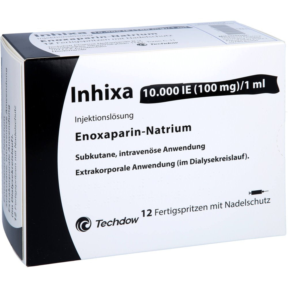 Das Produktfoto zeigt Inhixa 10.000 I.E. 100 Mg/1 Ml Ilo F.Sp.+Sich-Sys. (12 stk) PZN 13415530