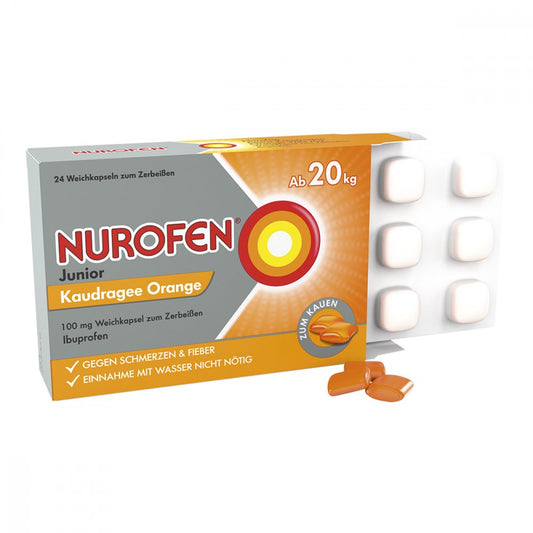 Das Produktfoto zeigt Nurofen Junior Kaudragee Orange 100 Mg (24 stk) PZN 13475265