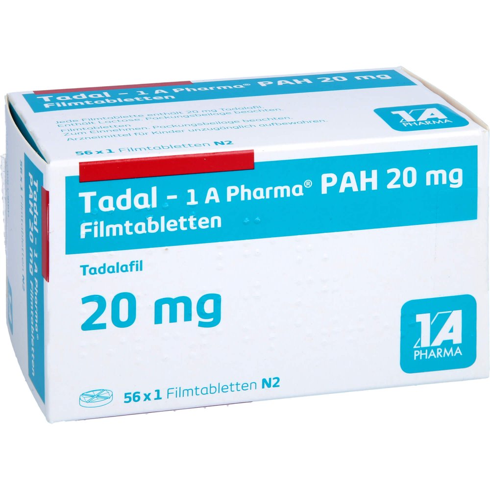 Das Produktfoto zeigt Tadal-1a Pharma Pah 20 Mg Filmtabletten (56 stk) PZN 13475986