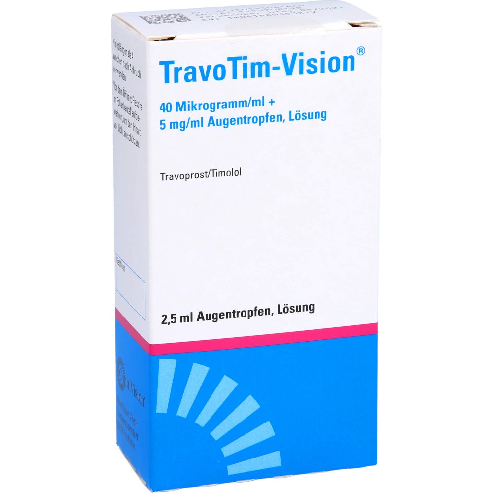 Das Produktfoto zeigt Travotim-Vision 40 Mikrogramm/Ml + 5 Mg/Ml At Lsg. (2.5 ml) PZN 13504446