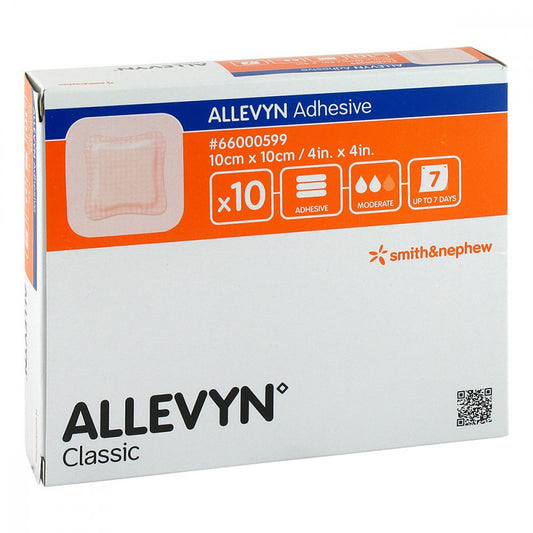Das Produktfoto zeigt Allevyn Adhesive 10x10 Cm Haftende Wundauflage (10 stk) PZN 13504914