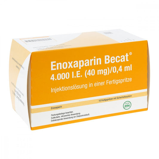Das Produktfoto zeigt Enoxaparin Becat 4.000 I.E. 40mg/0,4ml Ilo Fs+Si.S (10 stk) PZN 13509047
