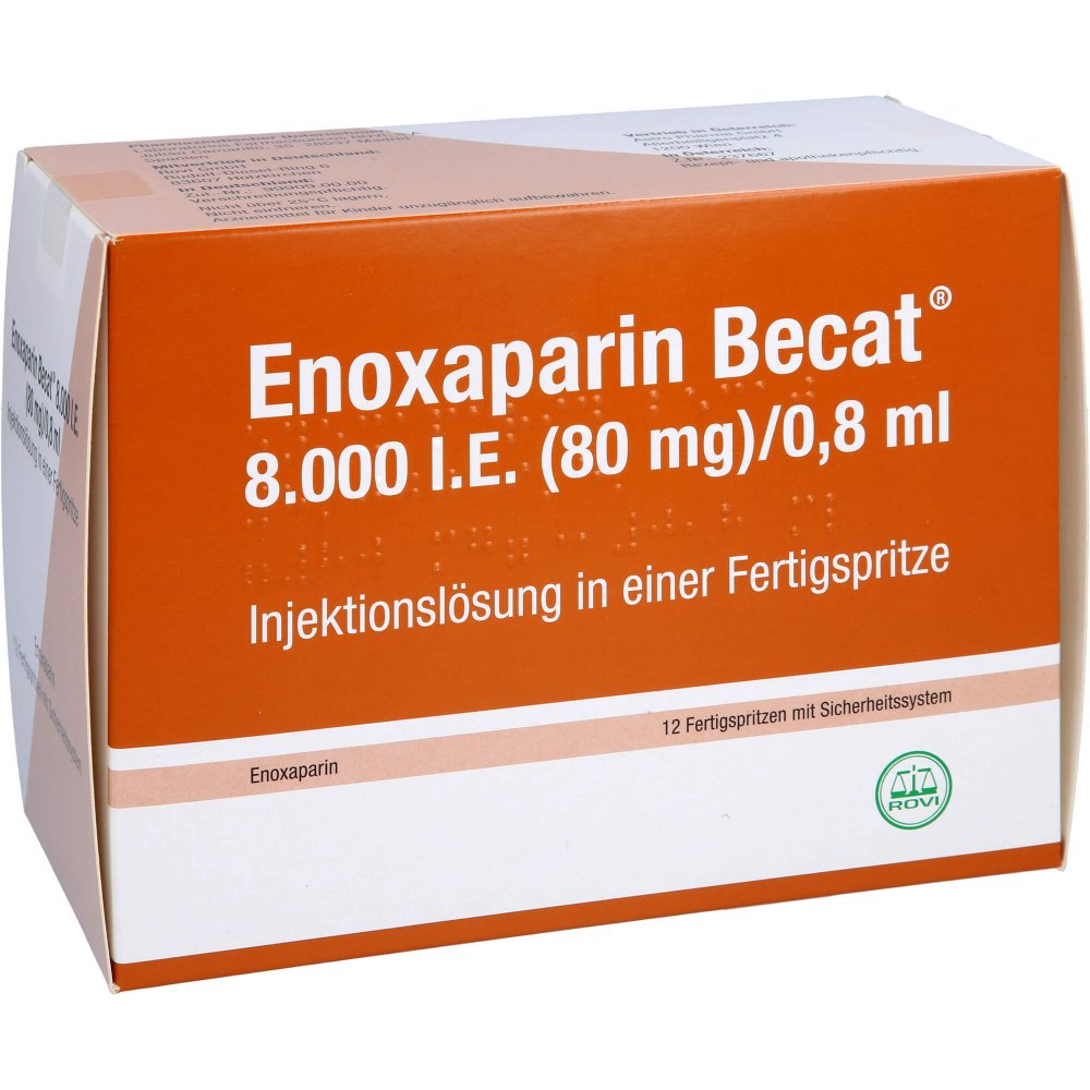 Das Produktfoto zeigt Enoxaparin Becat 8.000 I.E. 80mg/0,8ml Ilo Fs+Si.S (12 stk) PZN 13509136