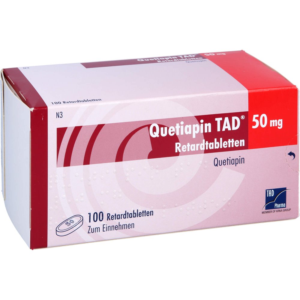 Das Produktfoto zeigt Quetiapin Tad 50 Mg Retardtabletten (100 stk) PZN 13513592