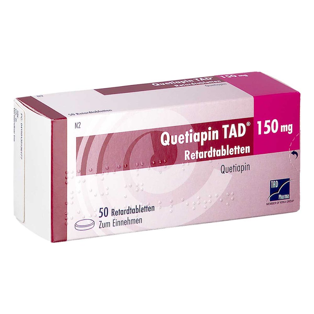 Das Produktfoto zeigt Quetiapin Tad 150 Mg Retardtabletten (50 stk) PZN 13513617