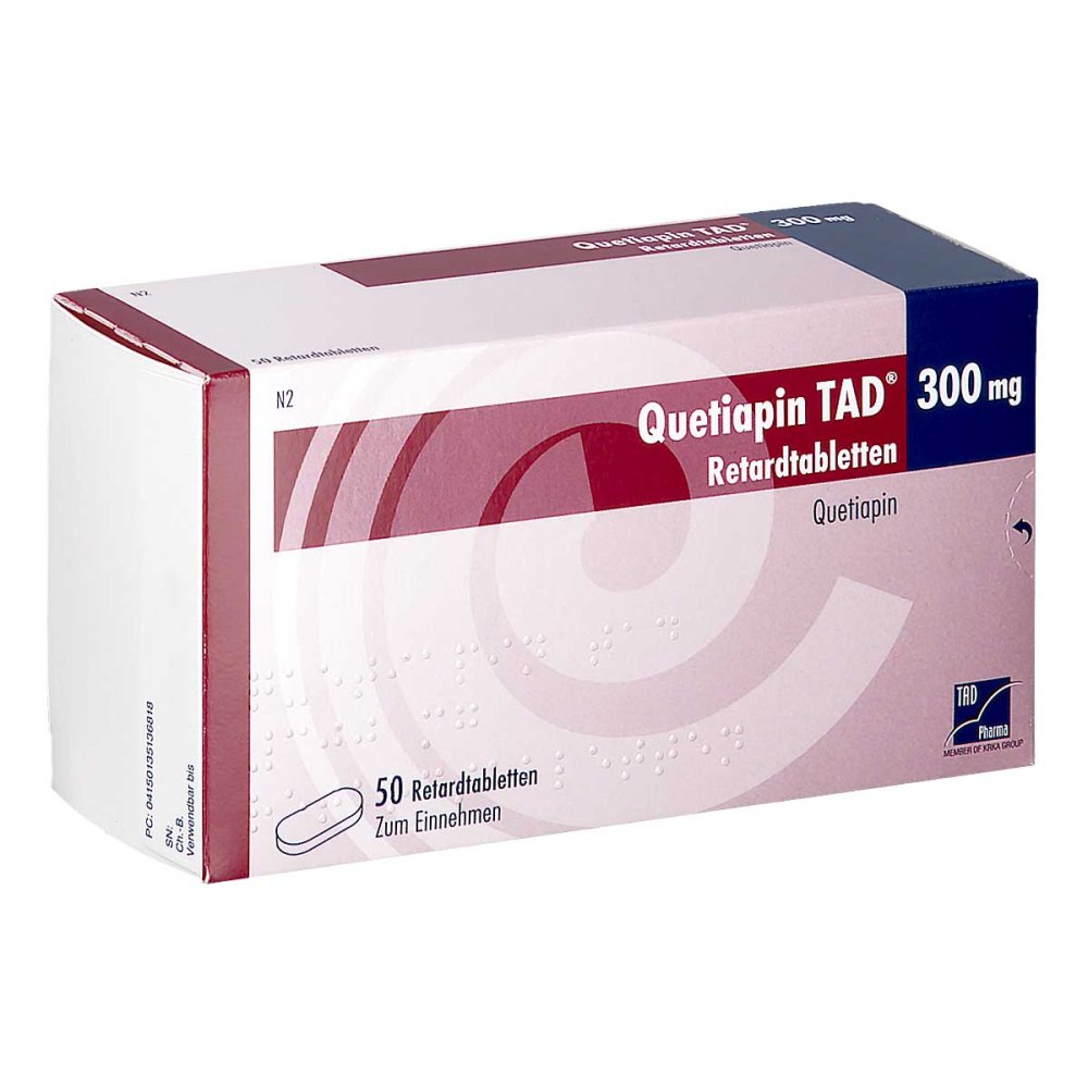 Das Produktfoto zeigt Quetiapin Tad 300 Mg Retardtabletten (50 stk) PZN 13513681