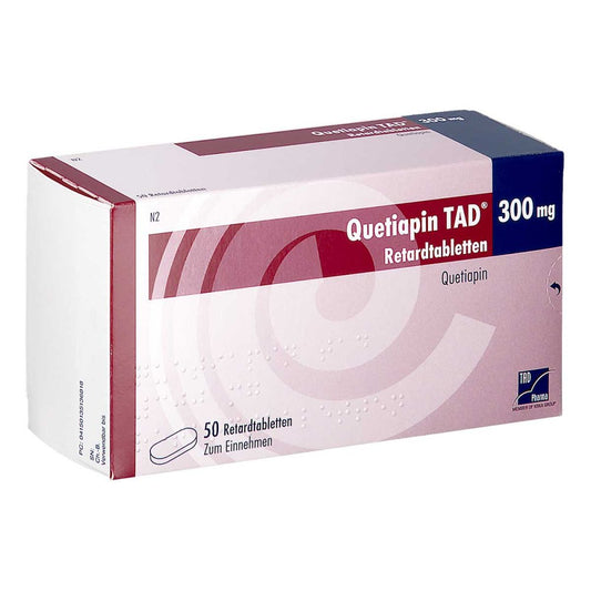 Das Produktfoto zeigt Quetiapin Tad 300 Mg Retardtabletten (50 stk) PZN 13513681